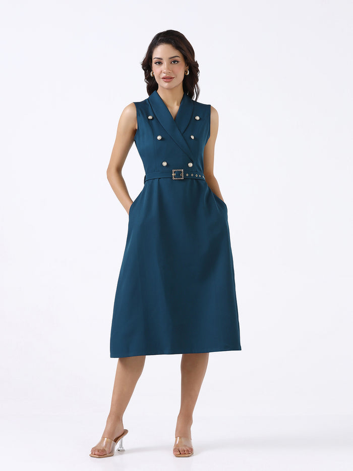 Women Teal Structured Stretch Flared Midi Dress