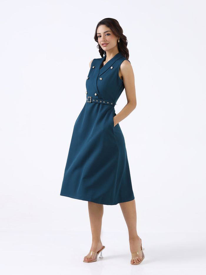 Women Teal Structured Stretch Flared Midi Dress