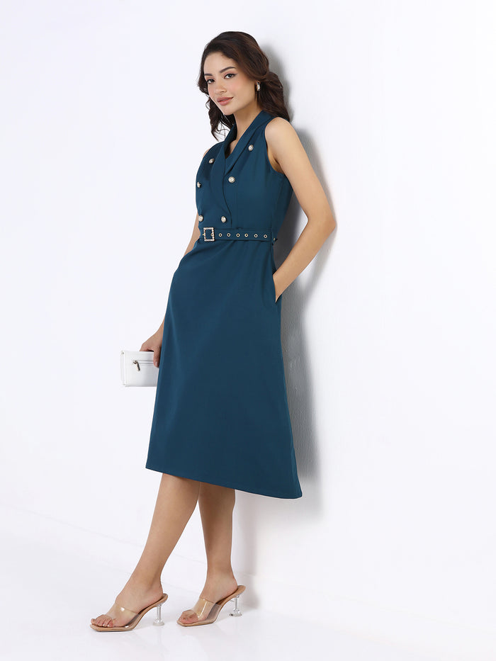 Women Teal Structured Stretch Flared Midi Dress