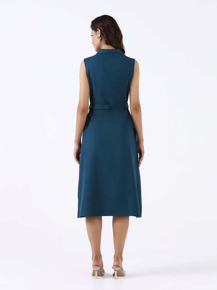Women Teal Structured Stretch Flared Midi Dress