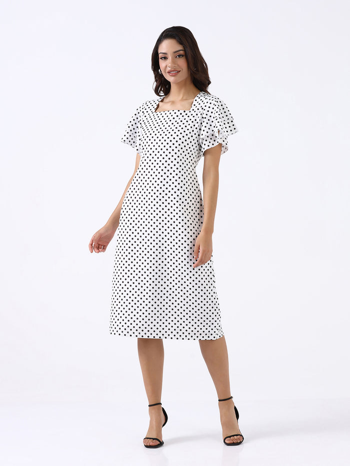 Women White Polka Dot A-line Dress