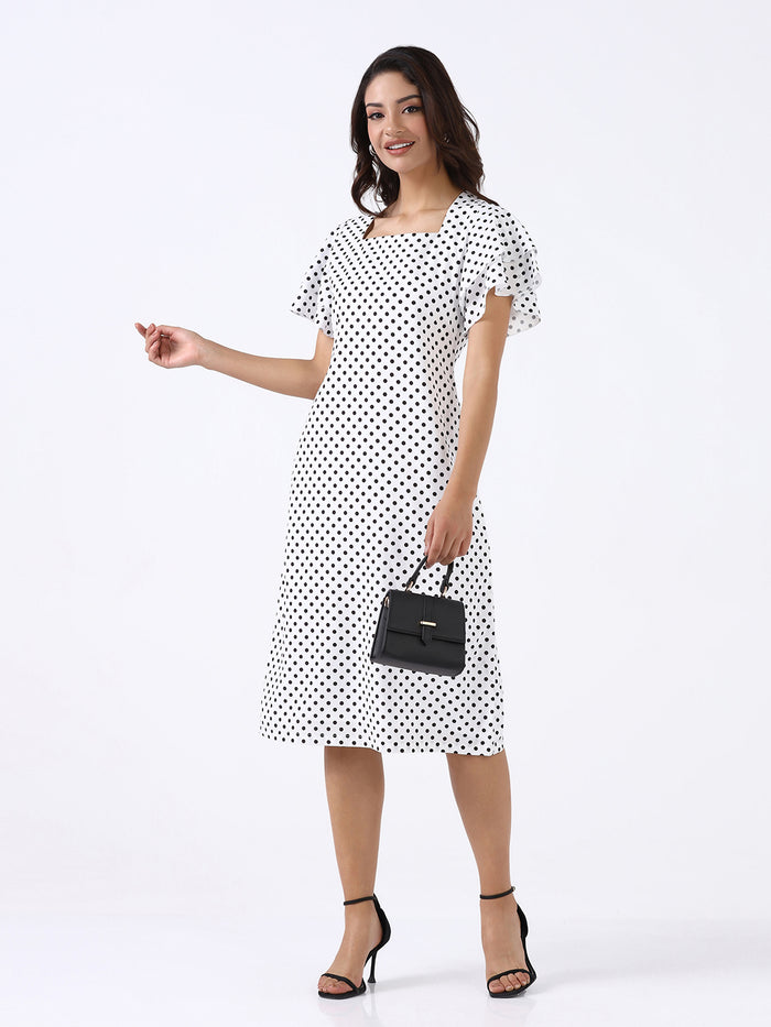 Women White Polka Dot A-line Dress