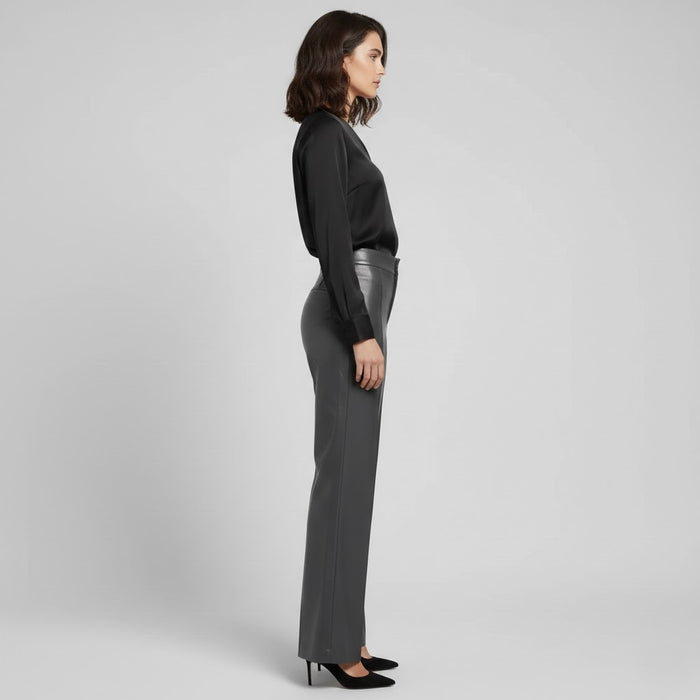 Women's Slate Grey High-Rise Leather Flare Pants