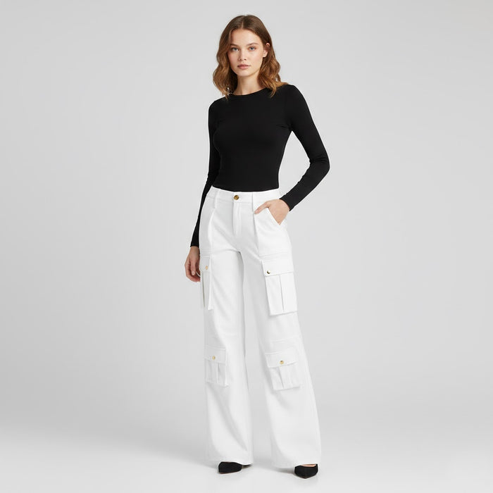 Women’s White Leather Cargo Pants – Wide-Leg Premium Genuine Leather Utility Trousers