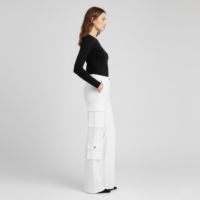 Women’s White Leather Cargo Pants – Wide-Leg Premium Genuine Leather Utility Trousers