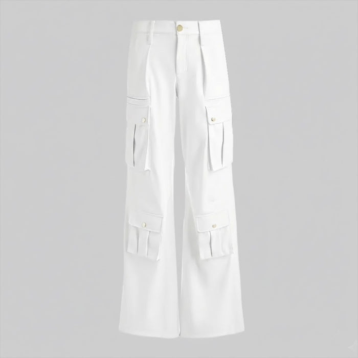 Women’s White Leather Cargo Pants – Wide-Leg Premium Genuine Leather Utility Trousers